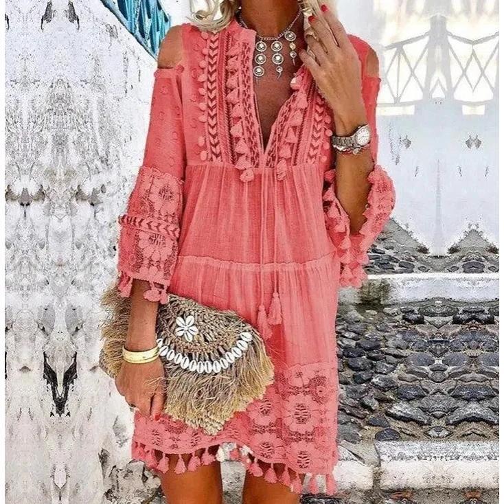 New Spring Embroidery Crochet Lace Boho Dress – Elegant Off Shoulder Tassel Ruffle Mini Dress, V Neck Summer Beach Dress for Women Casual Womenswear Basic Batwing Bohemian Minimalist White