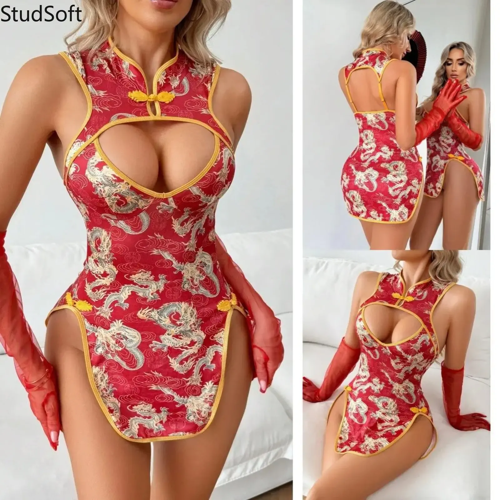 Dragon Print Qipao Mini Dress Sleeveless High-Slit Cheongsam Bodycon Party Clubwear Asian Vintage Traditional Festival Outfits Night Out Clothes