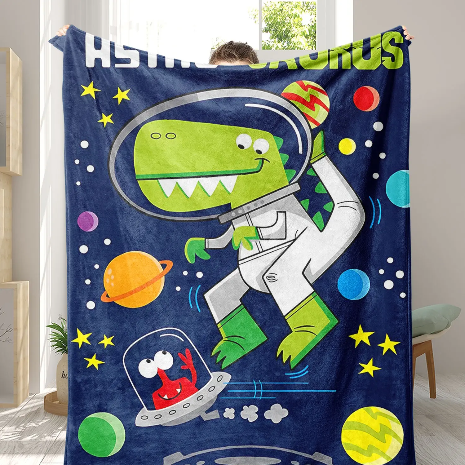 Space Astronaut Dinosaur Flannel Blanket, Thick Warm Cover Blanket, Sofa Office Nap Mat, All-Season Casual Air Conditioning Blanket