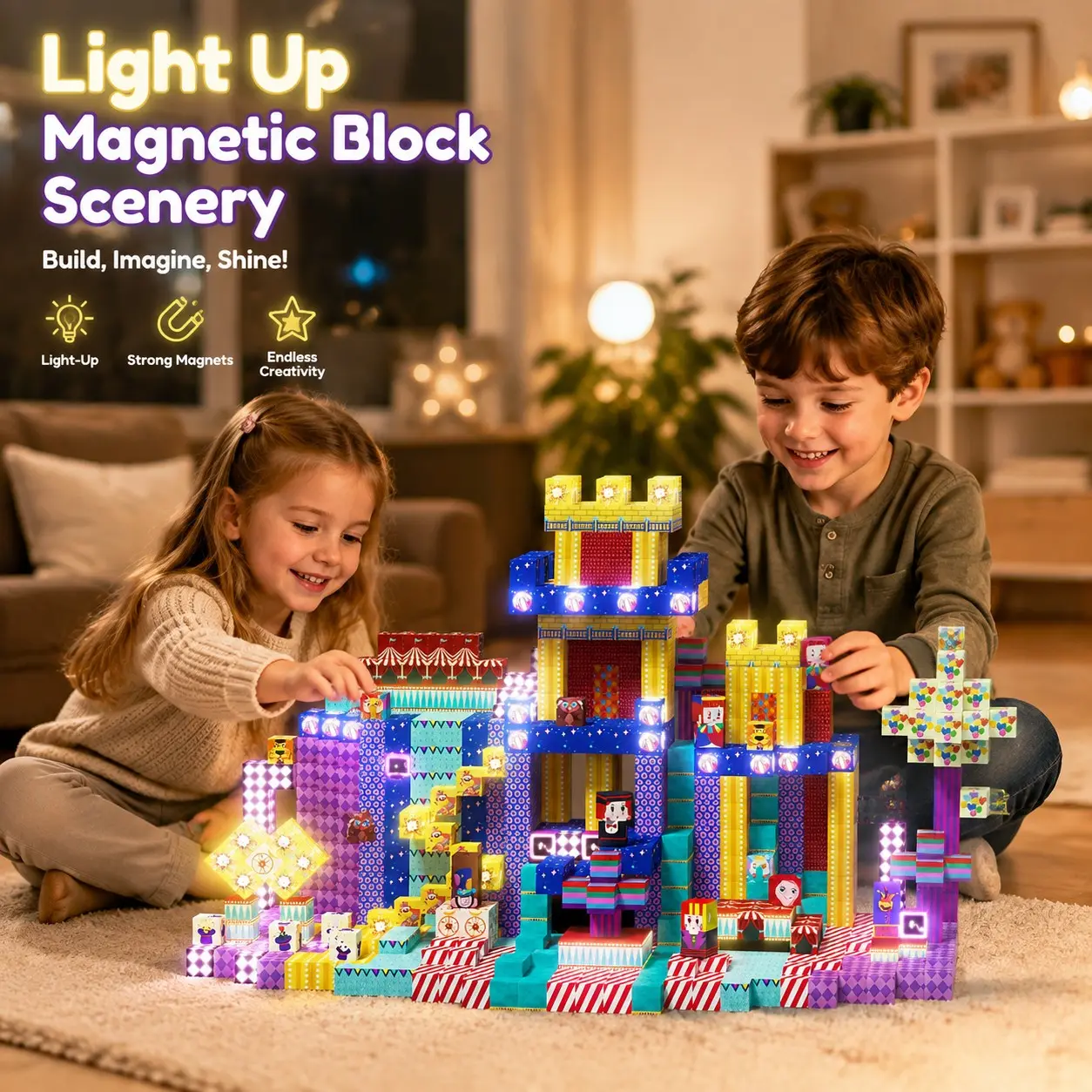 Light-Up Magnetic Building Blocks Set, Magnetized Construction Set, Kids DIY Construction Toy, Glow-In-The-Dark Magnets, Stem Educational Puzzle, Creative Castle Model, Ages 3-12