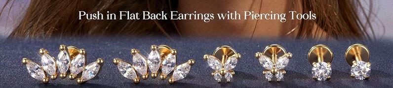 Trendy 16G/18G/20G Flat Back Earrings for Women Threadless Surgical Steel Stud Hoop Earrings Push in Nose Studs Hypoallergenic CZ Cartilage Earring Set Labret Helix Tragus Conch Piercing Jewelry