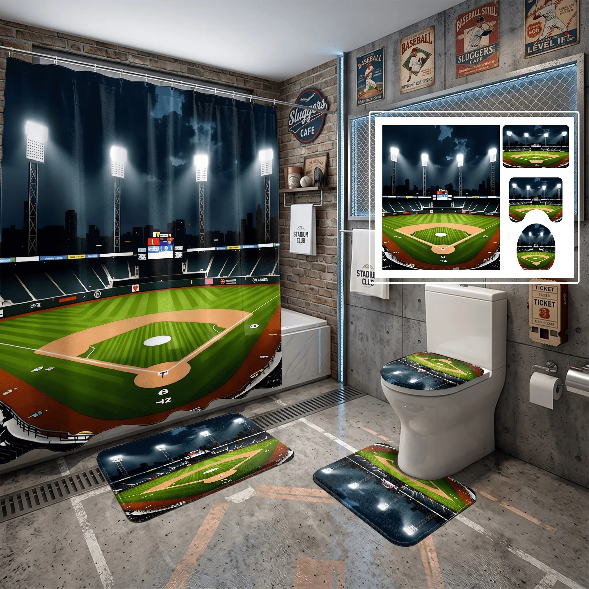 4pcs Baseball Stadium Night Lights Shower Curtain Set,  Non-Slip Rug & Toilet Cover, The floor mat fabric is thicker and softer! Sports Game Day Bathroom Decor, Christmas Gift