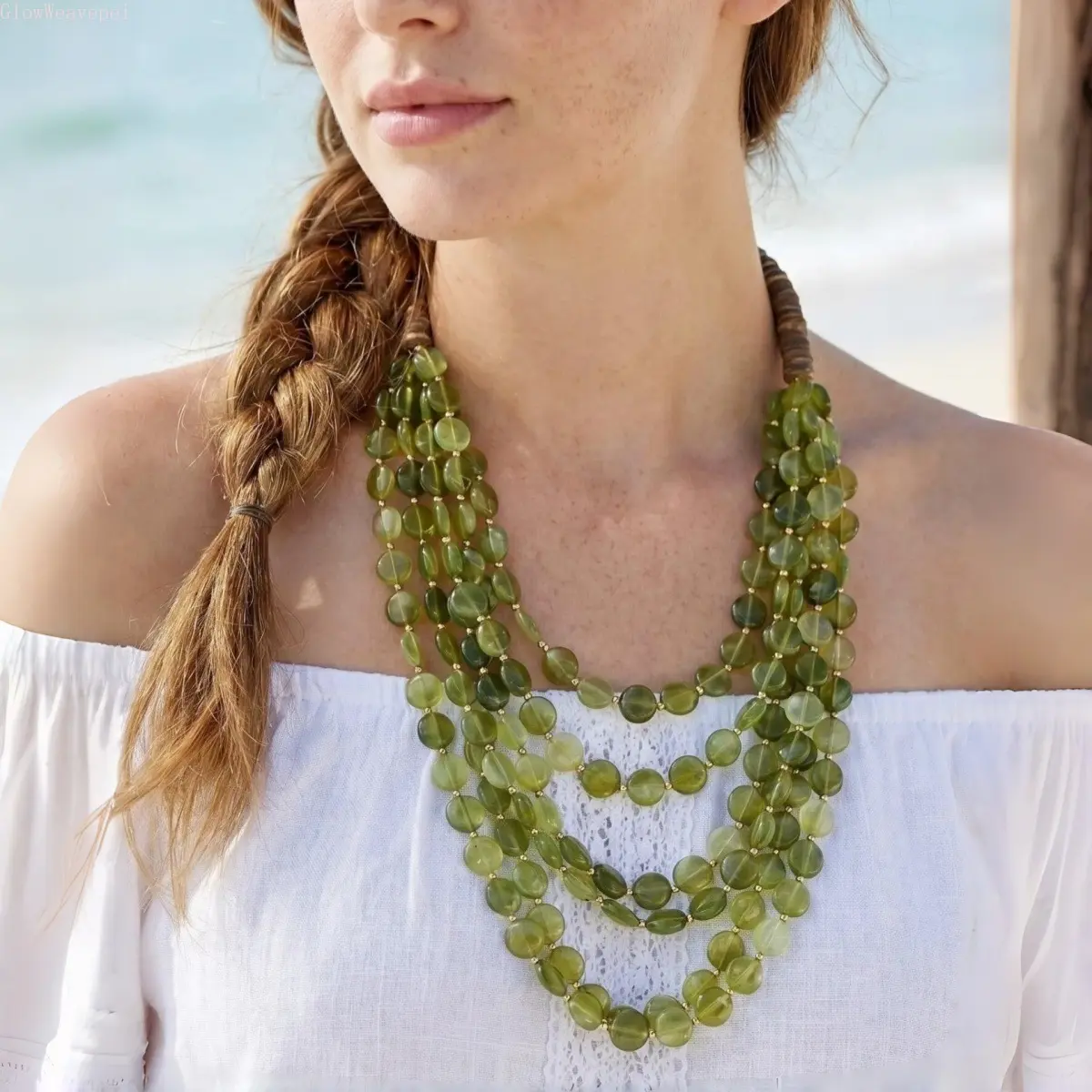 Women's Boho Multi-Layer Beaded Statement Necklace - Olive Green Disc Beads, Chunky Strand, Ethnic Casual Female Jewelry for Coastal Beach Outfits, Female Wear, Statement Length, Long, Handmade Beads Style