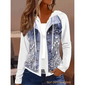 Plus Size, [Printed Pants - Not Denim Fabric] Plus Size Women's American Style Mock Denim Patchwork Hooded Jacket, Color Block Waist-cinching Zip-up Style, Daily Commute Street Style Mock Denim Jacket