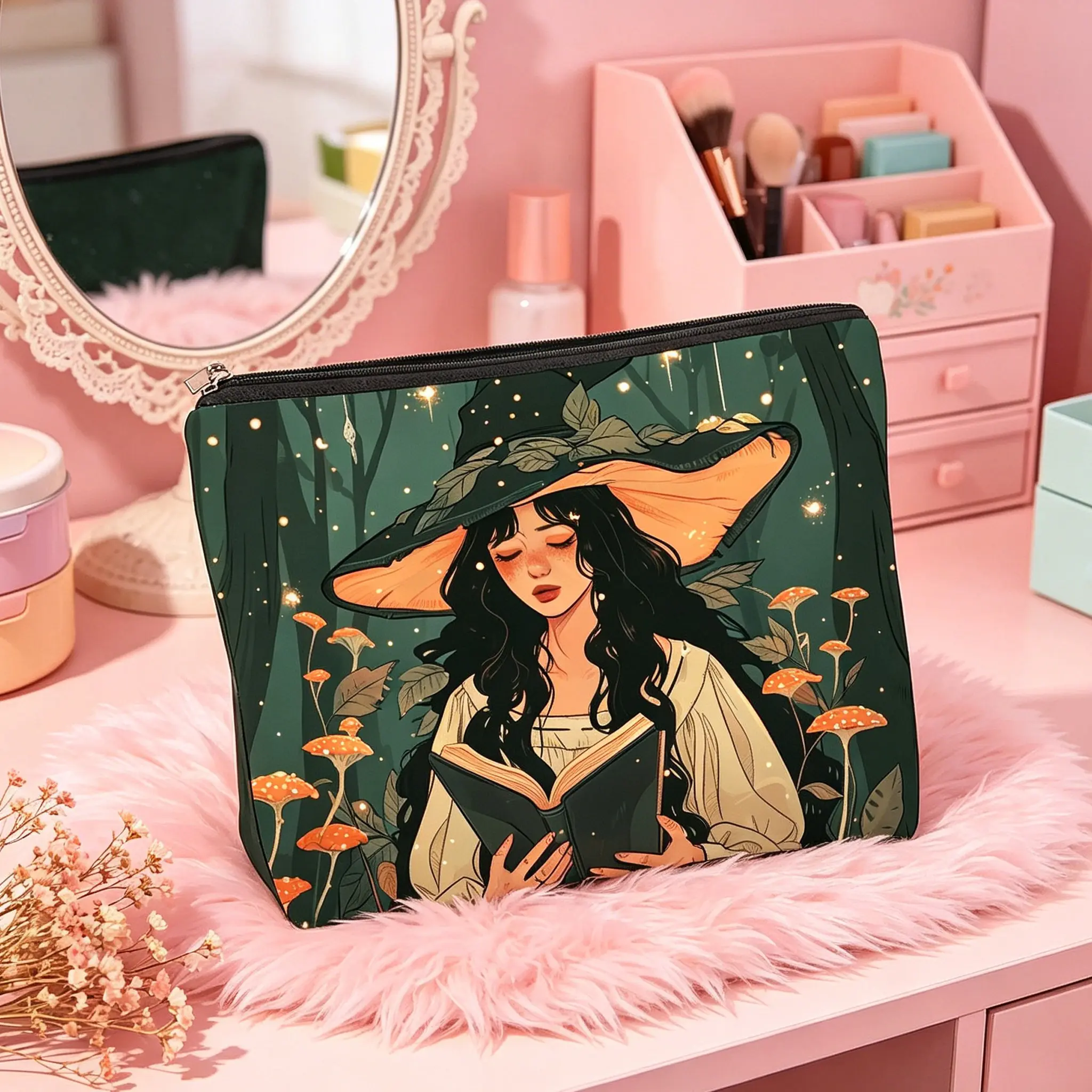 Large Capacity Cosmetic Bag, Forest Witch Theme, Unisex Daily Use, Halloween Christmas Thanksgiving Gift, Lightweight Travel Makeup Bag, Portable Cosmetic Bag, Cosmetic Travel Bags