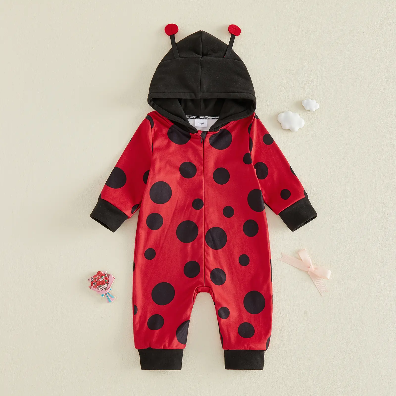 Meihuida Infant Baby Boy Girl Ladybug Halloween Costume Hooded Full Zip Long Sleeve Jumpsuit Red Black Polka Dot Romper with 3D Antenna Infant Unisex Animal Cosplay Outfit