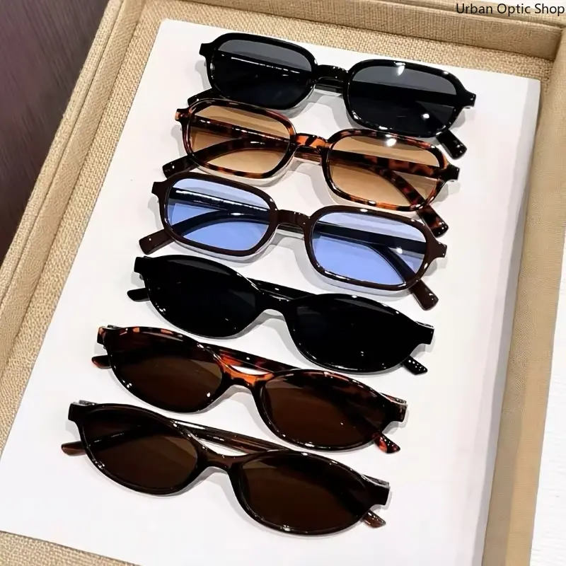 XUH 6 Pack Retro Mixed Style Sunglasses Set, UV400 Anti-Glare Rectangle & Slim Oval Cat Eye Shades, Unisex Vintage Y2K Fashion Eyewear for Streetwear Party Daily Wear