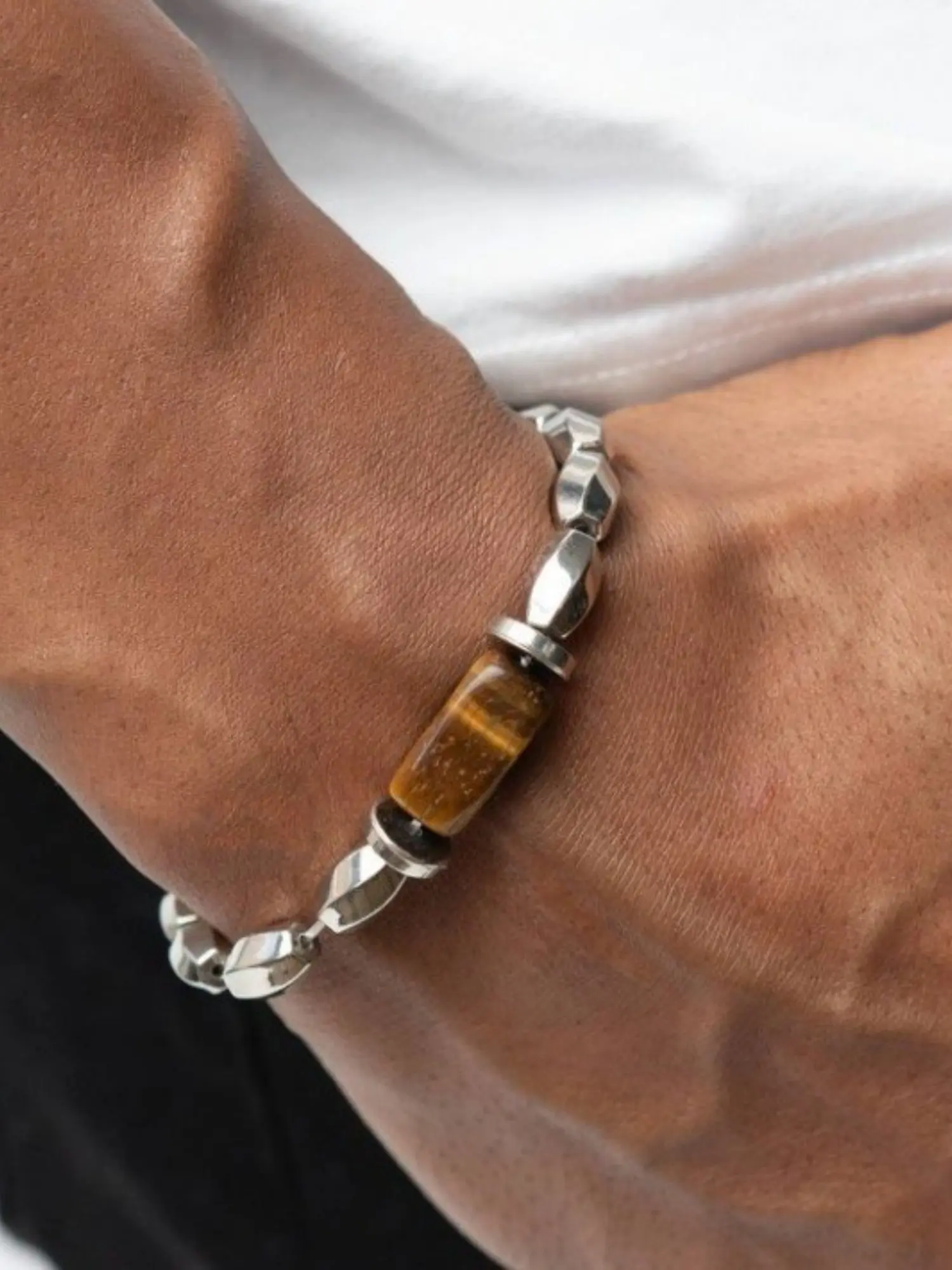 Minimalist Vintage Irregular Agate Beaded Bracelet, Unique Cold Style Men's Tiger Eye Stone Bracelet, Fashionable Unisex Accessory