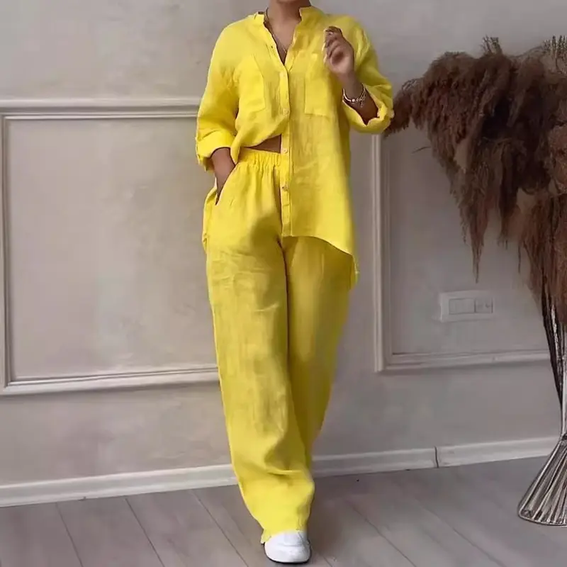 Women's Plus-Size 2-Piece Casual Solid Cotton-Linen Set - Long-Sleeve Top, Wide-Leg Drawstring Pants, Curvy Fit Sets for Women 2 Piece, Plus Size Clothes