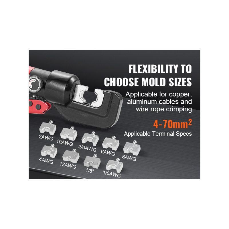 VEVOR Hydraulic Crimping Tool with 9 Sets of Dies AWG12-2/0 Copper And Aluminum Terminal Battery Lug Crimper, with a Cutting Pliers, Gloves, 5pcs Copper Ring Connectors, 8pcs Heat Shrink Sleeves