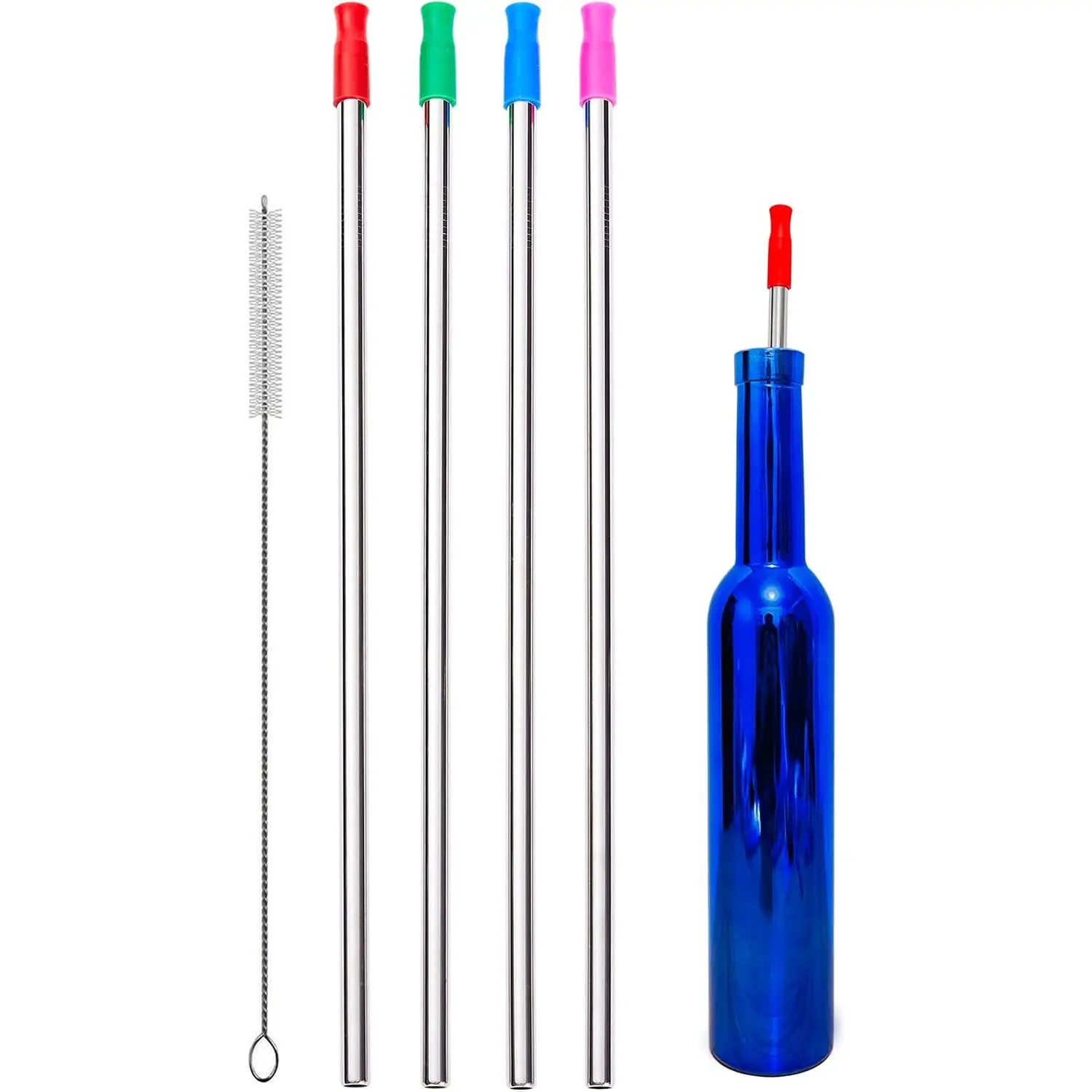 4 count 14" Extra Long 0.32" Big Wide  Stainless Steel Metal Straws with Cleaning Brush &  Tip for 128 100 75 64 40 oz Large Water Bottle, Tall Tumbler,  Bottle
