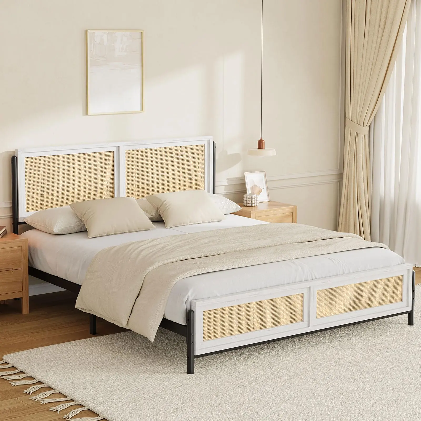 Boho Rattan Bed Frame, Wooden Platform Bed with Natural Rattan Headboard & Footboard, No Box Spring Needed, Noise-Free, Easy to Assemble