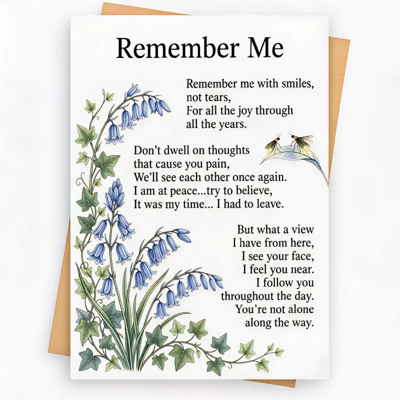 A condolence card containing the poem "Remember Me" with illustrations of bluebells and dragonflies, blank pages inside, used for funeral commemorations upon the passing of a loved one
