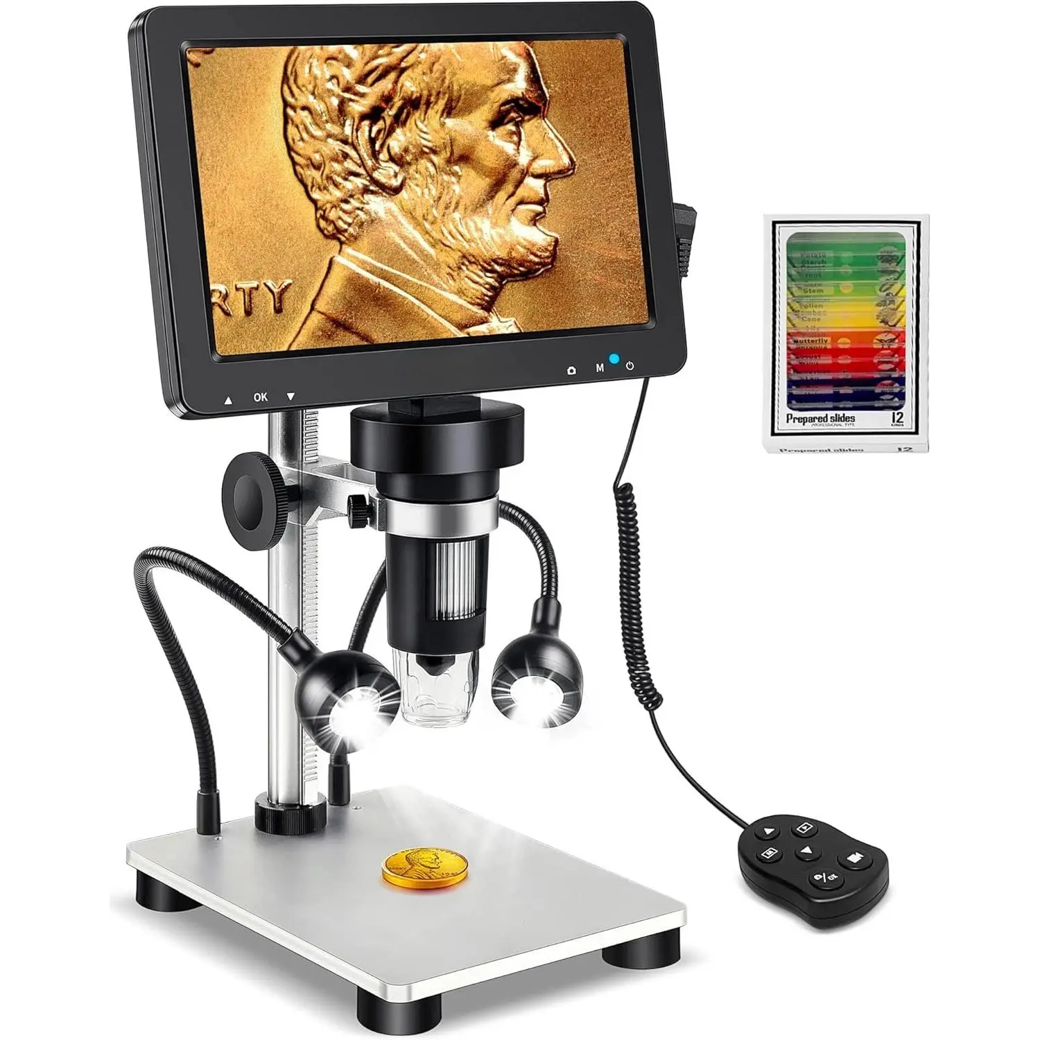 7" LCD Digital Microscope 1200X, 12MP  Microscope with Screen for Adults,1080P  Magnifier with 12 count Slides,Wired Remote,2 Side Lights,Windows/ OS Compatible