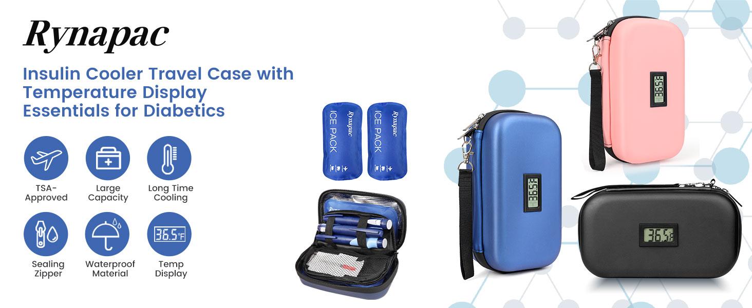 Large Insulin Cooler Travel Case - TSA Approved Medication Diabetic Cooler for Travel with Fahrenheit Temperature Display, Includes 2 Reusable Ice Packs, Essentials for Diabetics (8.1” x 5.1” x 3.34”)