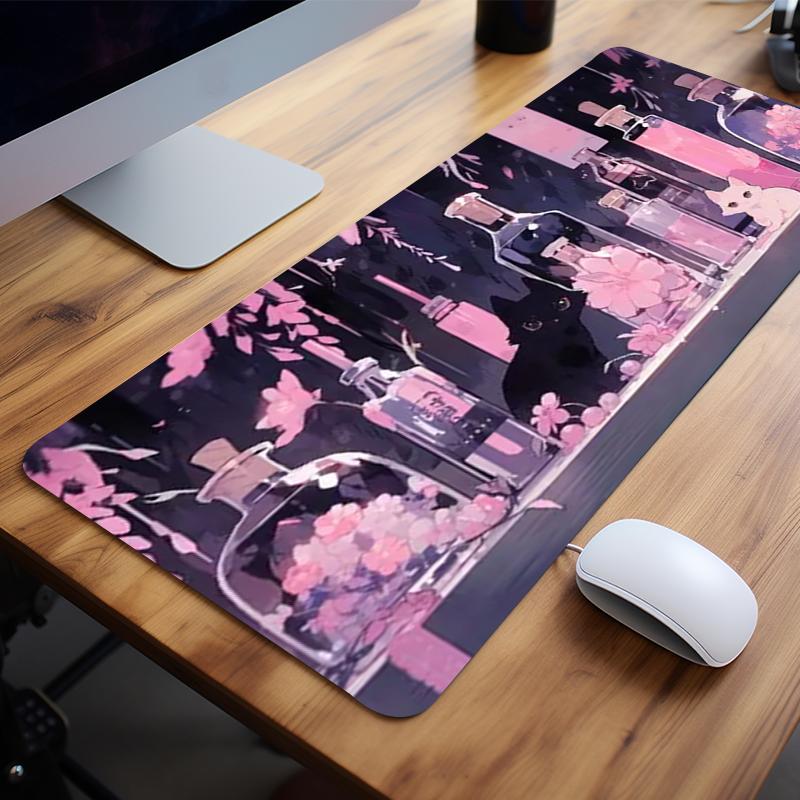 Creative Flower & Cat Pattern Design Whimsy Mouse Pad, Large Gaming Mouse Pad, Non-slip Computer Keyboard Pad for Home Office