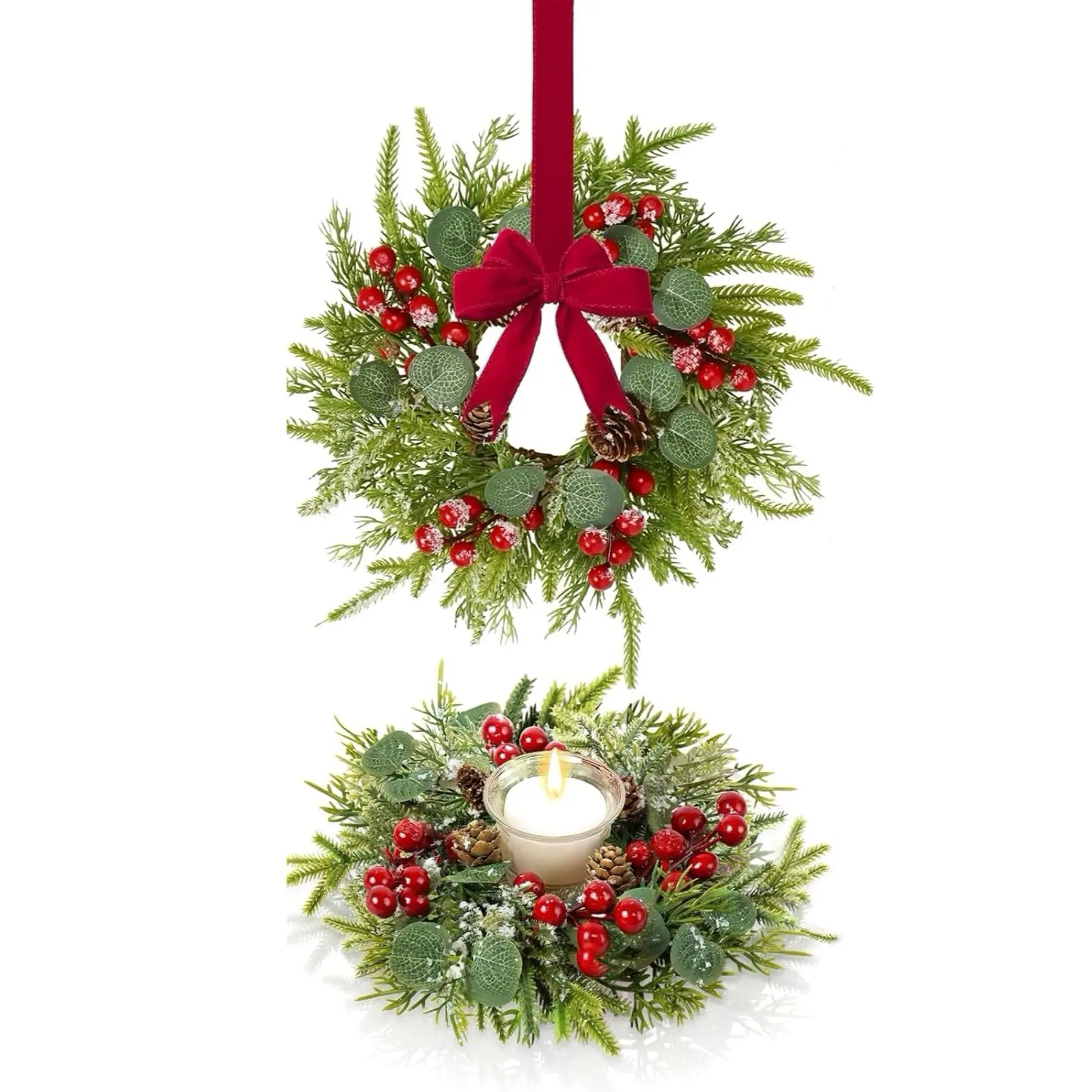 2-Pack 9.2-Inch Mini Christmas Wreaths, Wall Hanging Door Decor, Berry Pinecone Wreath