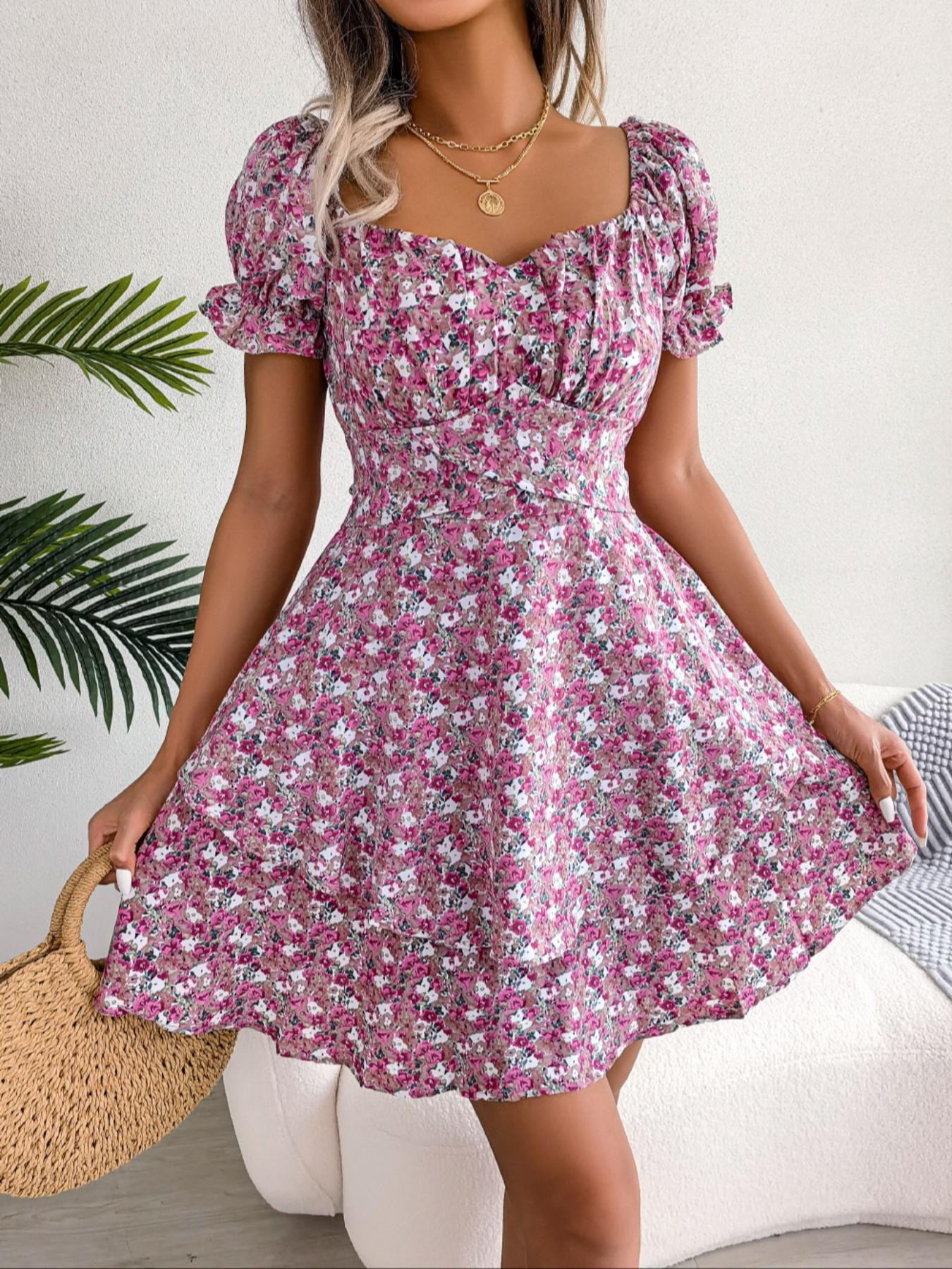 Women's Ditsy Floral Print    Dress,  Fashion Casual   A Line Short Dress for Daily Holiday Vacation Wear, Ladies Dress for Summer