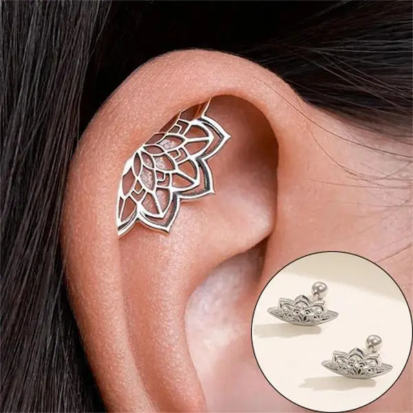 2PCS Lotus Mandala Helix Piercing Studs Silver Plated Arc Cartilage Earring Cute Boho Conch Tragus Jewelry Aesthetic Birthday Gift for Women