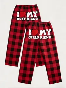 "I Love My Boyfriend/Girlfriend Plaid Matching Pajama Pants Set - Breathable Elastic High Waist Loungewear, Viral TikTok Couple Sleep Pants, Casual Streetwear Plaid Bottoms, Cozy Homewear for Vacation & Daily Wear, Red & Green Plaid Options"