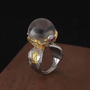 Retro Wide Face Phoenix Zaji Lam ring Silver White Crystal Ball Wealth God personalized rings jewelry