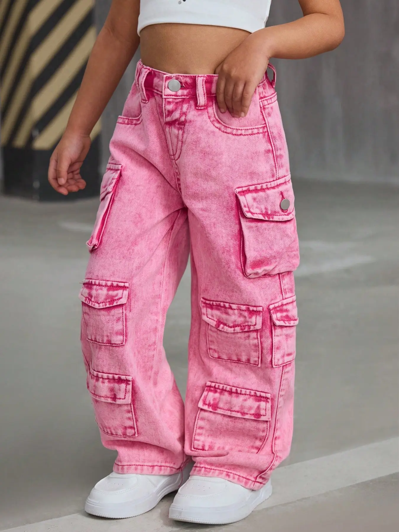 Young Girl Pink Denim Loose Wide-Leg Pants Pink Cargo Pantskids Cargo Pants Girly2k Pants For Young Girl Multi Pocket Pants