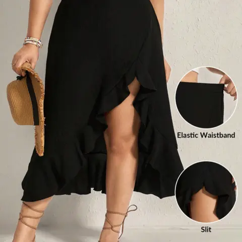 Women's Plus Size Irregular Ruffle High Waist Bodycon Split Midi Dress Skirt, Solid Color Skirts, Elegant, Stylish and Chic, Perfect for Casual and Formal Occasions
