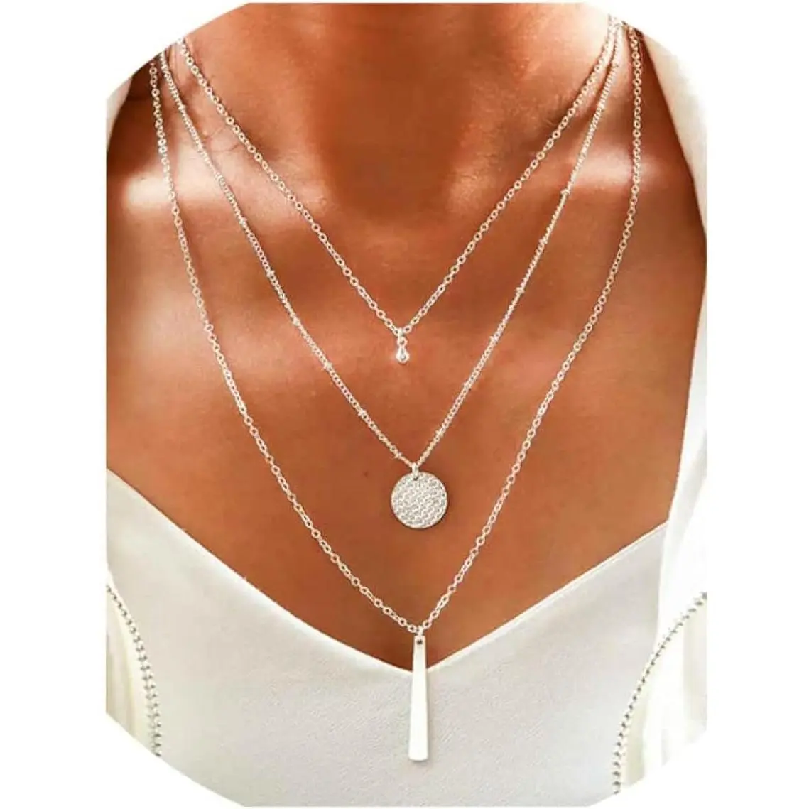 Women's Multi-Layered Female Necklace - Chain Bar Pendant, Sequins Disc, Layered Look Fashion Jewelry