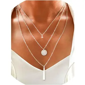 Multi Layered Necklace Chain Bar Pendant Necklaces Sequins Disc Fashion Jewelry for Women