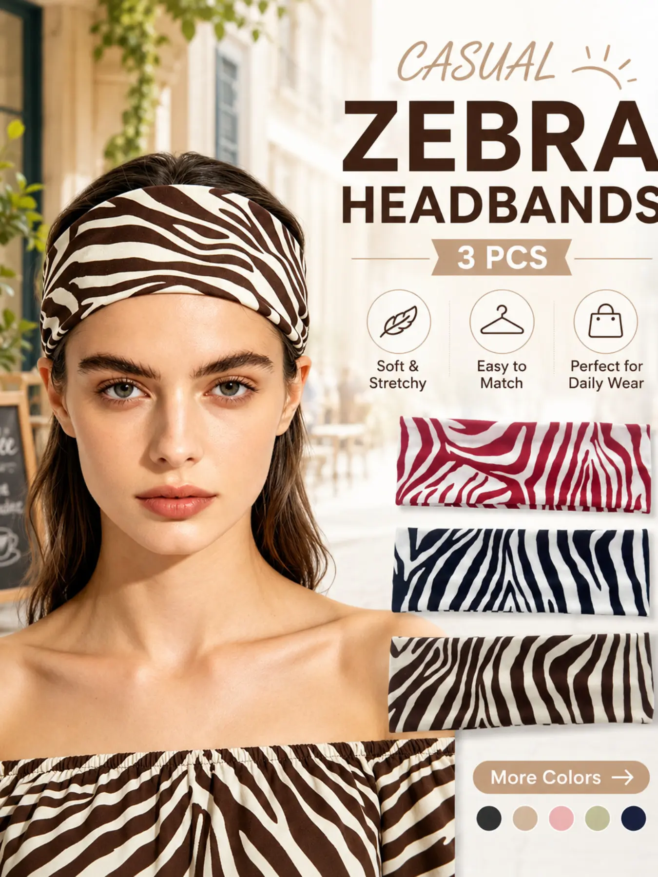 3PCS Zebra Print Athletic Headbands for Women, Wide Elastic Non-Slip Sweat-Wicking Hair Bands for Yoga, Running, Fitness, Gym Workouts and Daily Exercise