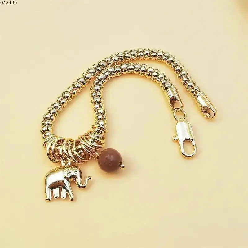 New 2026 14K Gold‑Plated Beaded Chain Bracelet For Women, Adjustable Lobster Clasp, Adorned With Lucky Elephant Charm And Natural Sunstone Pendant, Good‑Luck Statement Jewelry For Everyday Wear And Gift‑Giving Occasions