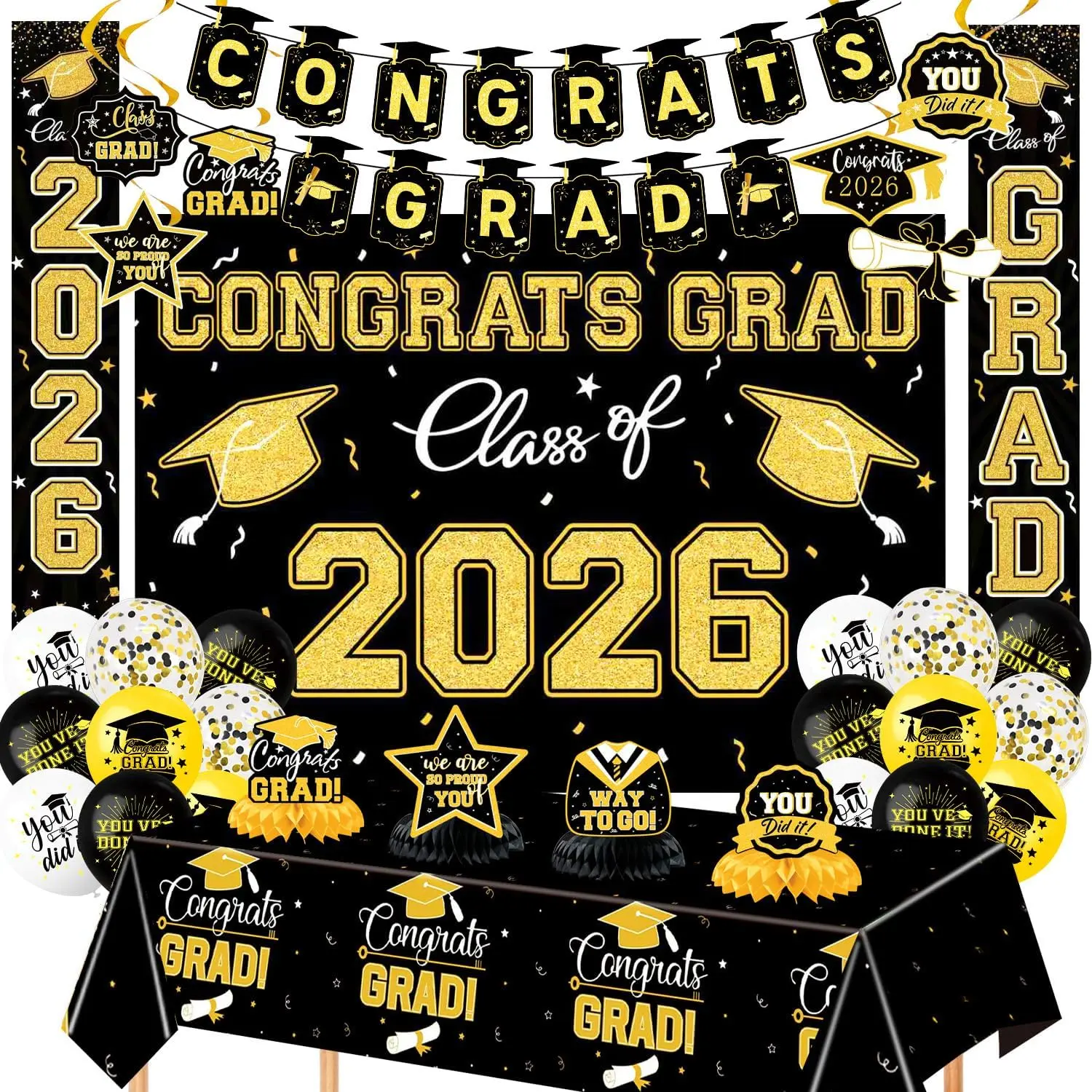 2026 Graduation Decorations Set - Congrats Grad 2026 Banner, Class of 2026 Backdrop, Balloons & Streamers Kit, Complete Supplies for High School & College Celebrations(Black)