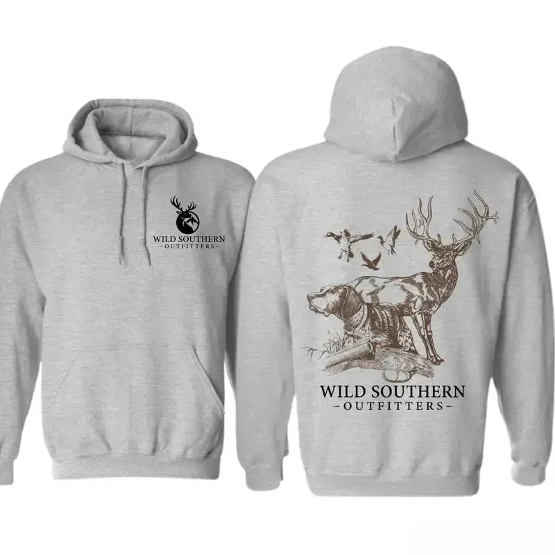 Wild Southern Outfitters Hunting Hoodie, Deer Dog Duck Graphic Hoodie, Outdoor Hunter Gift, Front and Back Print Unisex Hoodie, Gift For Men