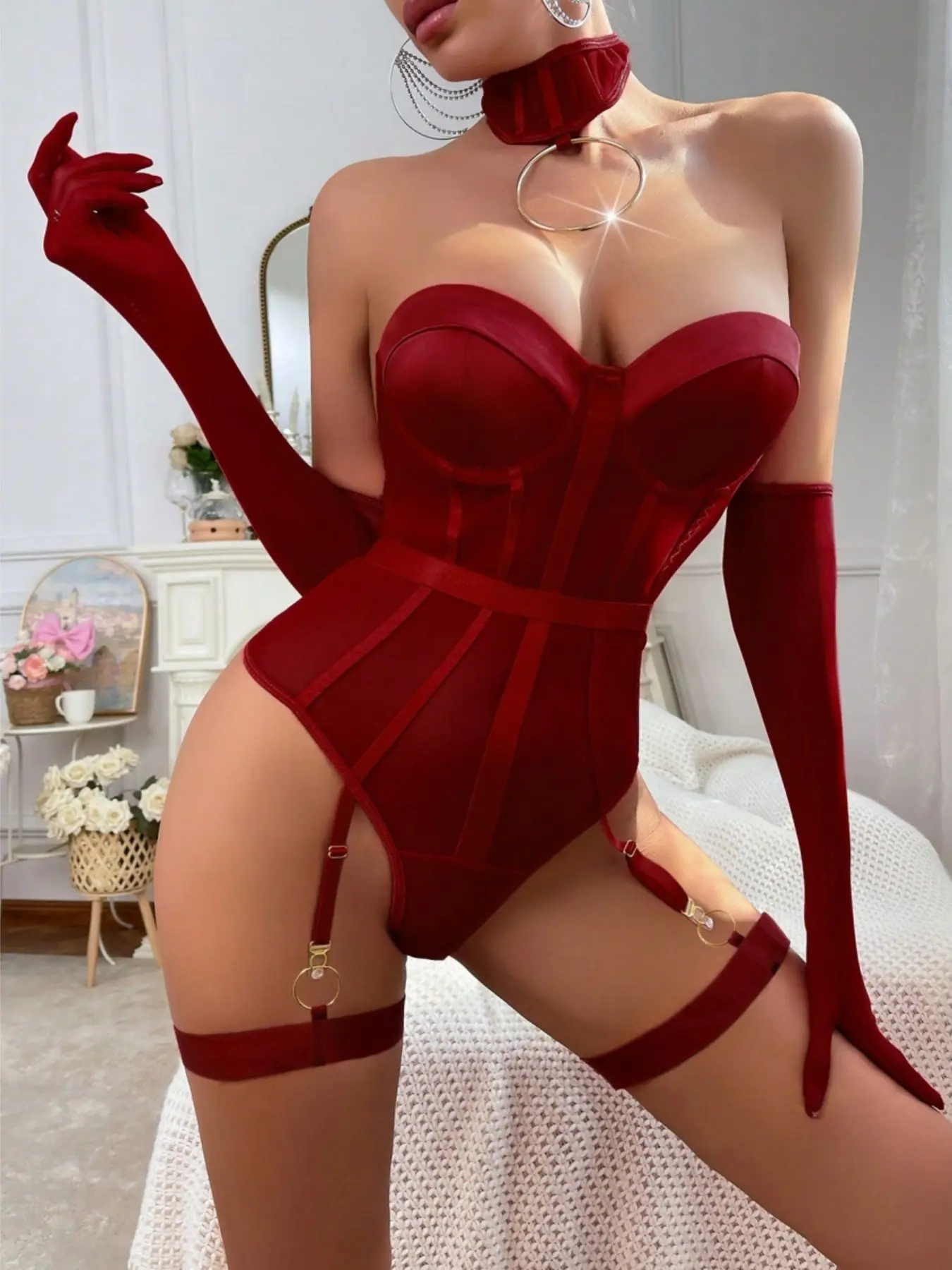 Plus Size Sexy Bustier Bodysuit Lingerie Set with Choker and Garter Leg Rings, Sheer Mesh Corset Teddy Lingerie for Women