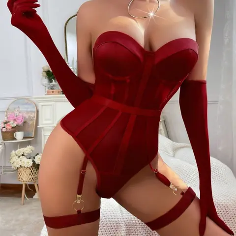 Plus Size Sexy Bustier Bodysuit Lingerie Set with Choker and Garter Leg Rings, Sheer Mesh Corset Teddy Lingerie for Women, Mesh Bodysuits