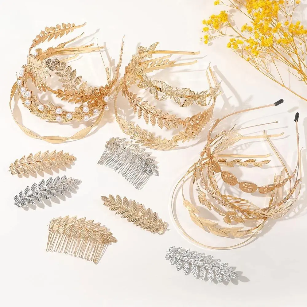 Gold Metal Leaf Headband, Bridal Wedding Headpiece with Crystal Accents, Vintage European Style Hair Accessories for Women