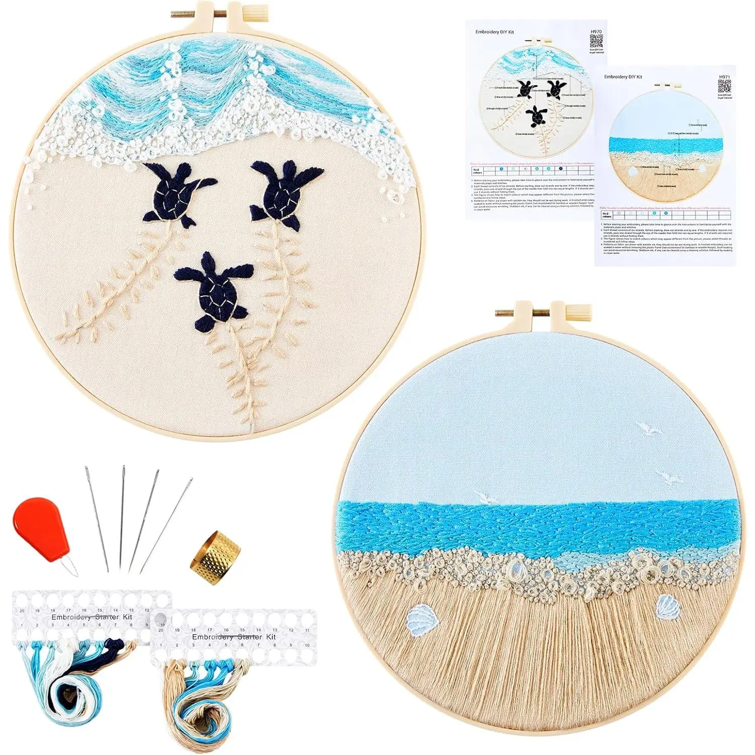 Embroidery Kit for Beginner Adults, Stamped   kits for Adults Beginners,  Hand Embroidery Starter Needlepoint Kit, 2 Set Embroidery Supplies, 2 Hoops (Attached Teaching Video QR Code)