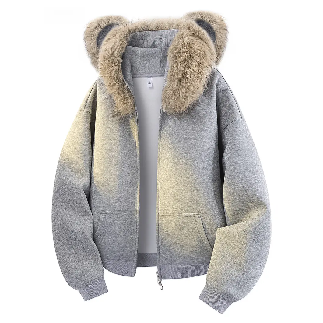 Men's Casual Hooded Jacket with 3D Ears & Fluffy Fur Trim, Loose Drop Shoulder Long Sleeve Cotton Blend Zip-Up Top with Pockets, Tops, Menswear