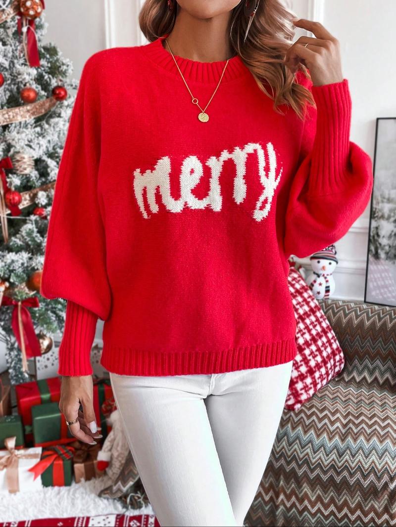 Women's "Merry" Letter Print Lantern Sleeve Sweater, Casual Cute Round Neck Jumper for Daily Outdoor Wear, Women Knitwear for Fall & Winter