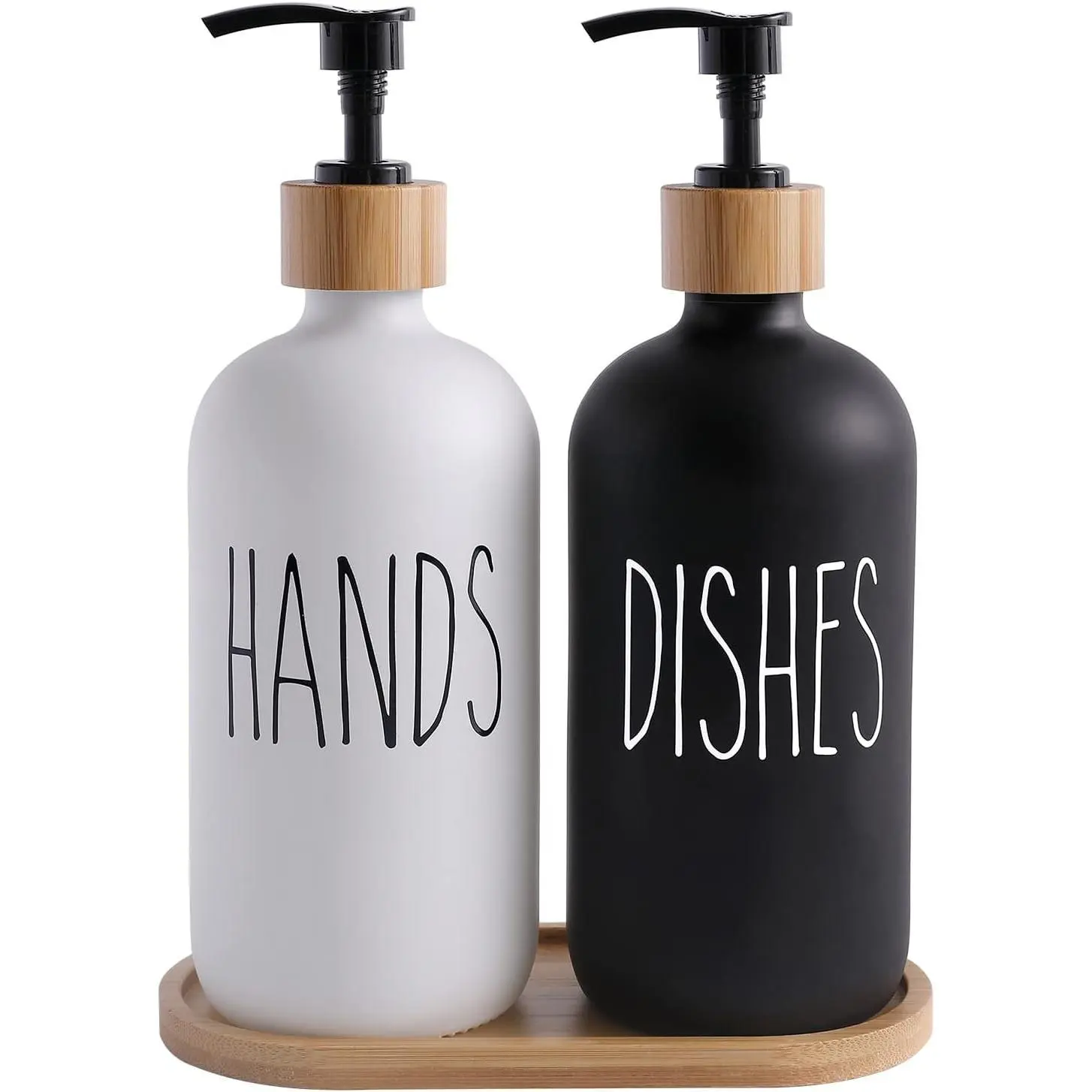 Black & White Glass Farmhouse 2-Bottle Set, Includes Hand & Dish Containers for Kitchen Decor