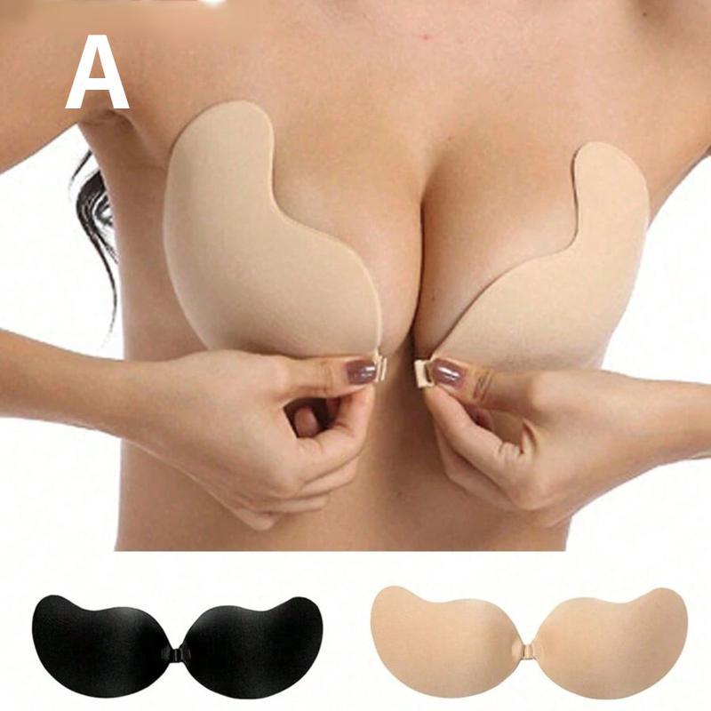 Multiple Sizes 2 Pieces Invisible Push-Up Bra No Back Strapless Bra Seamless Front Buckle Bra Lingerie Women's Self Adhesive Silicone (Black + Apricot Yellow)