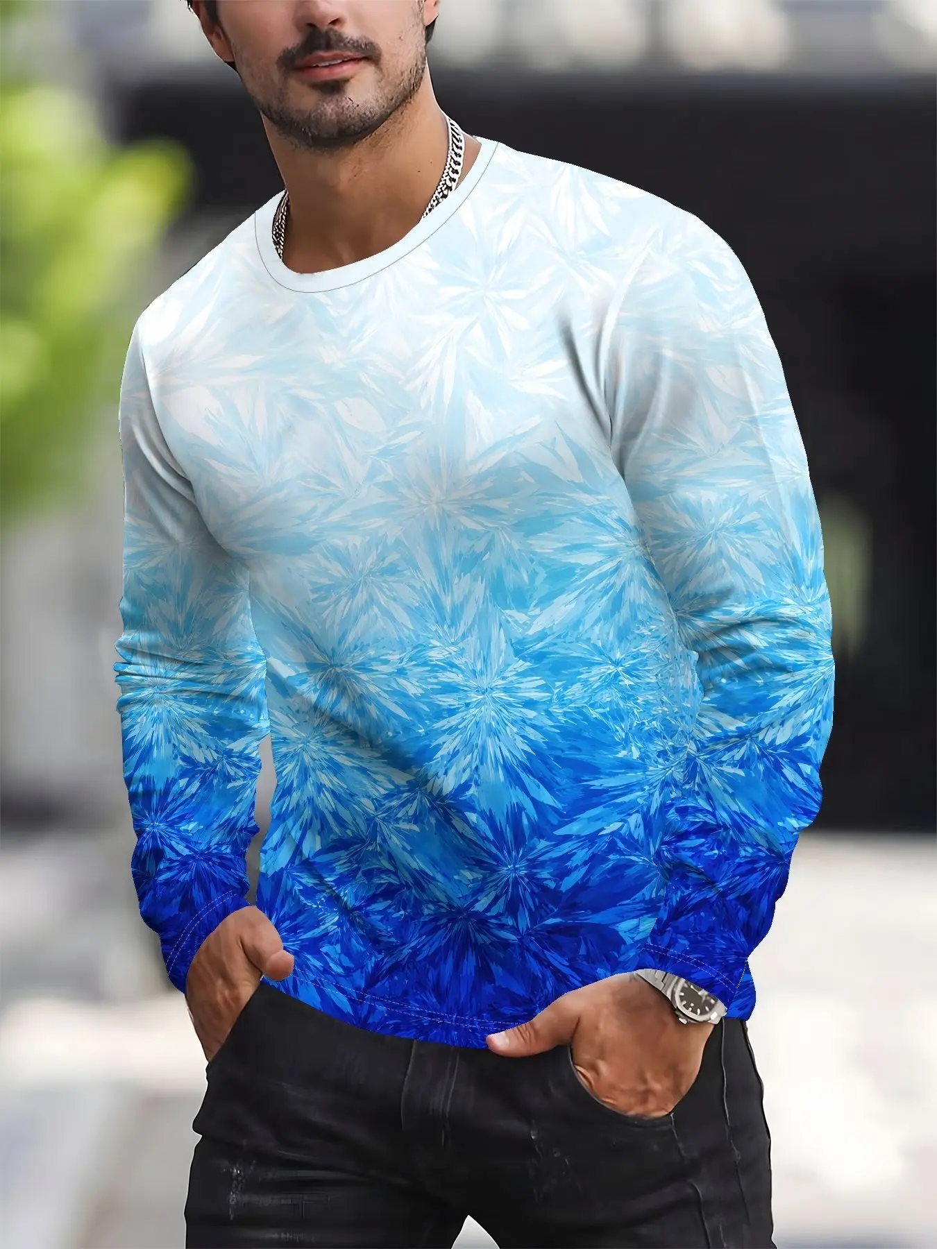 Men's Gradient Snowflake Pattern Long Sleeve Knitwear, Casual Trendy Top, Fall Winter New Arrival, Loose-Fitting Graphic Tee