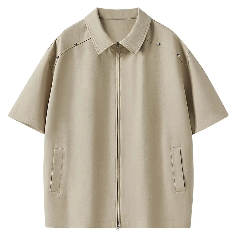 Men’s summer solid lapel zip-up short-sleeve shirt features rivets and contrast stitching details on the shoulders. Crafted from smooth, draping and wrinkle-resistant fabric with minimalist styling, it is suitable for daily wear. # Summervibes