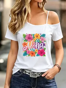 Women's Asymmetrical Neckline T-Shirt, Tropical Hibiscus Print, One-Shoulder Design, Casual Short Sleeve Top, Beach & Streetwear