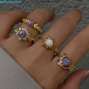 Women’s Sun & Moon Gemstone Stackable Ring Set - Trendy Geometric Design with Sparkling Crystal Detail, Minimalist Light Luxury Costume Jewelry, Stylish Accessories for Women, Funky Unique Accessories, Mother's Day Gifts for Daily Wear