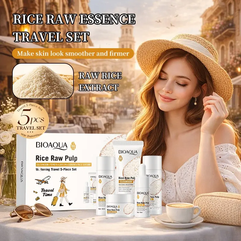 Rice Raw Pulp Whitening Travel 5-Piece Set, Brightening Kit, Glow Kit, Hypoallergenic & Portable, Cleansing + Moisturizing + Brightening, Ideal for Daily Use, Travel, Camping
