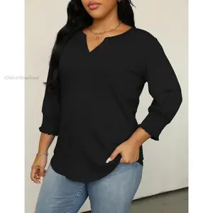 3/4 Sleeve Blouses Summer V Neck Shirts Smocked Cuffs Spring OutfitsC34SoftHomeGoods