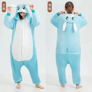 Women Rabbit Pajamas with 3D Ears and Tail Hooded Fleece Jumpsuit Cartoon Bunny Cosplay Animal Costume