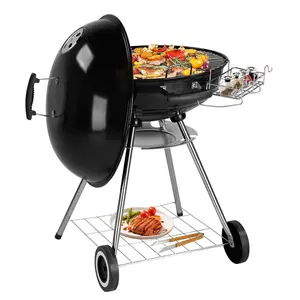 28-Inch Charcoal Kettle Grill with Wheels, Heavy Duty Barbecue BBQ Grill with Storage Holder & Ash Catcher for Outdoor Yard Camping