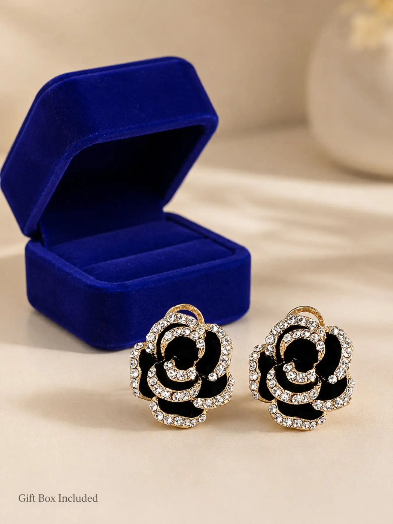 Gift Box Included | Black Rose Stud Earrings for Women, Gold-Tone Floral Statement Earrings, Wedding Guest, Bridesmaid, Back to School, Holiday Gift